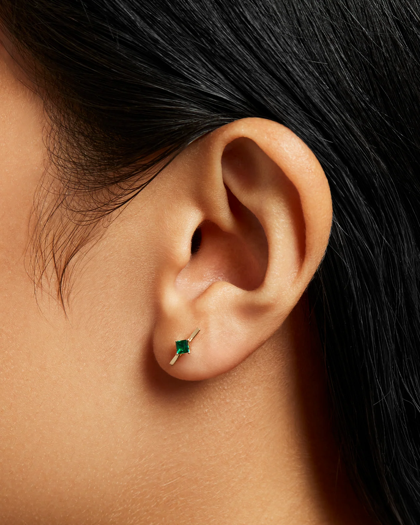 14K Gold Lab Grown Emerald Bar Stud Earrings - Image 4