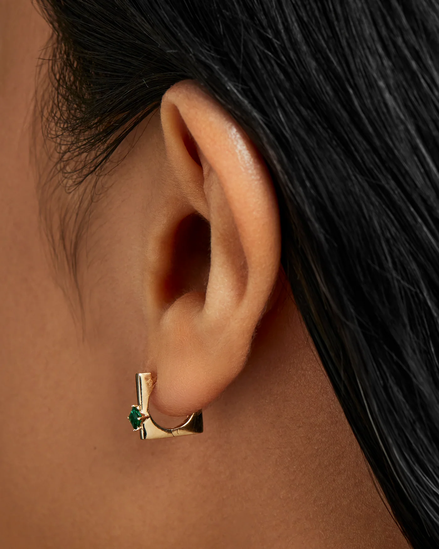14K Gold Lab Grown Emerald Huggie Earrings - Image 3